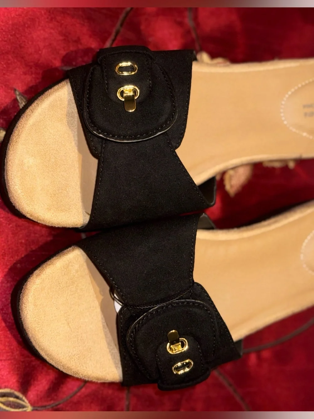 Giani Bernini black suede platform slide sandals with a cushioned tan insole